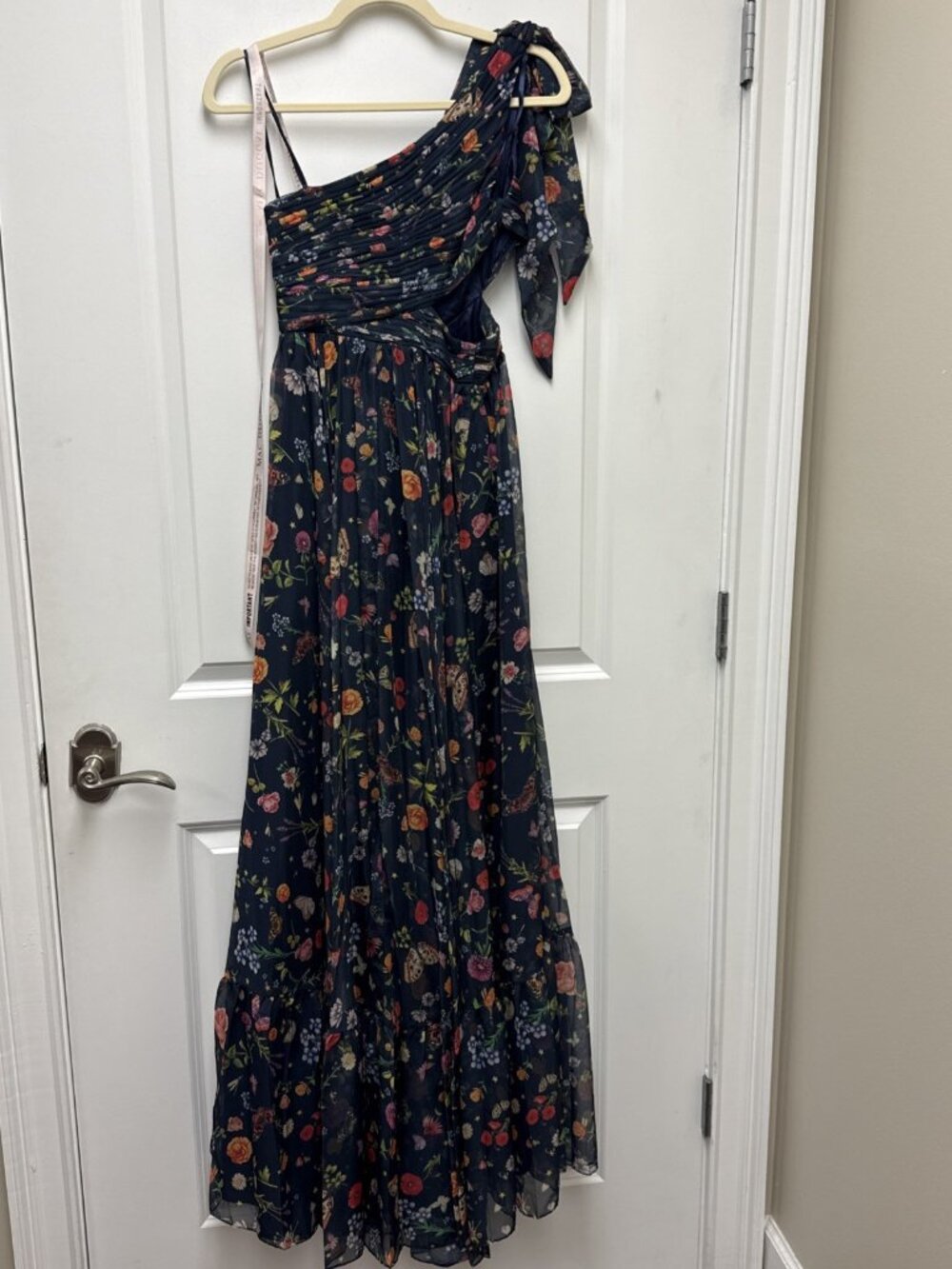 MAC DUGGAL Size 0 Navy 67938 Floral Tied One Shoulder Cut-Out Flowy Gown Dress - Picture 10 of 14